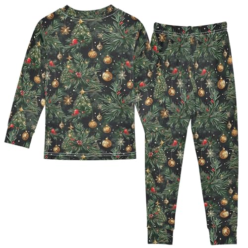 ALAZA Christmas Tree Gold Ball Black Pajamas Long Sleeve Sleepwear 2-Piece Pajama Set2