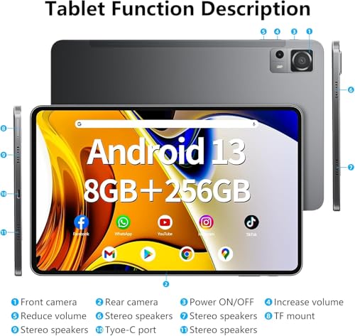 Image of Android Tablet 10.51 Inch with 6GB RAM 128GB ROM, Octa-Core 2.0Ghz Processor, 1920 * 1200 FHD IPS Touch Screen, 5MP+13MP Dual Camera, 6200mAh Battery, Android 13 Tablet, 5G WiFi, Bluetooth 5.0, GPS