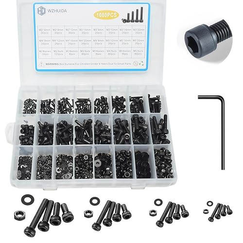 WZHUIDA 1080 Stück M2 M3 M4 M5 Schrauben Set, Schwarz Metrisch Zylinderkopfschrauben Innensechskant Schrauben Muttern und Unterlegscheiben Sortiment Set, Gewindemaschinen Sechskantschrauben