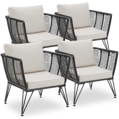 tectake® Lot de 4 Fauteuil Salon Fauteuil Exterieur Chaise de Jardin en Résine tréssée pour Salon de Jardin Exterieur, Coussins Inclus, Amenagement Balcon...
