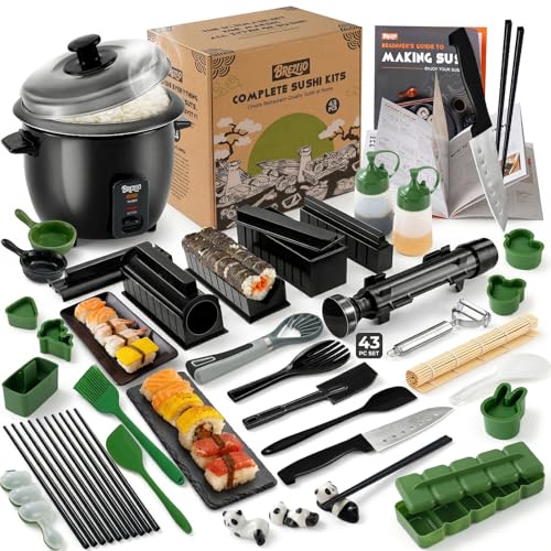 Brezlio Sushi Maker Kit – 43-Piece Complete Set with Bazooka Roller, Onigiri Shaper, Nigiri Mold, Bamboo Rolling Mat & Tools | DIY for Beginners (Green)