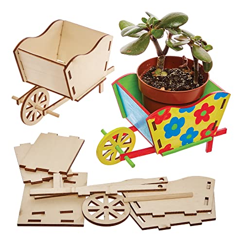 Baker Ross FX584 Wheelbarrow Wooden Flowerpot Kits - Pack of 3, Paint Your Own Plant Pot