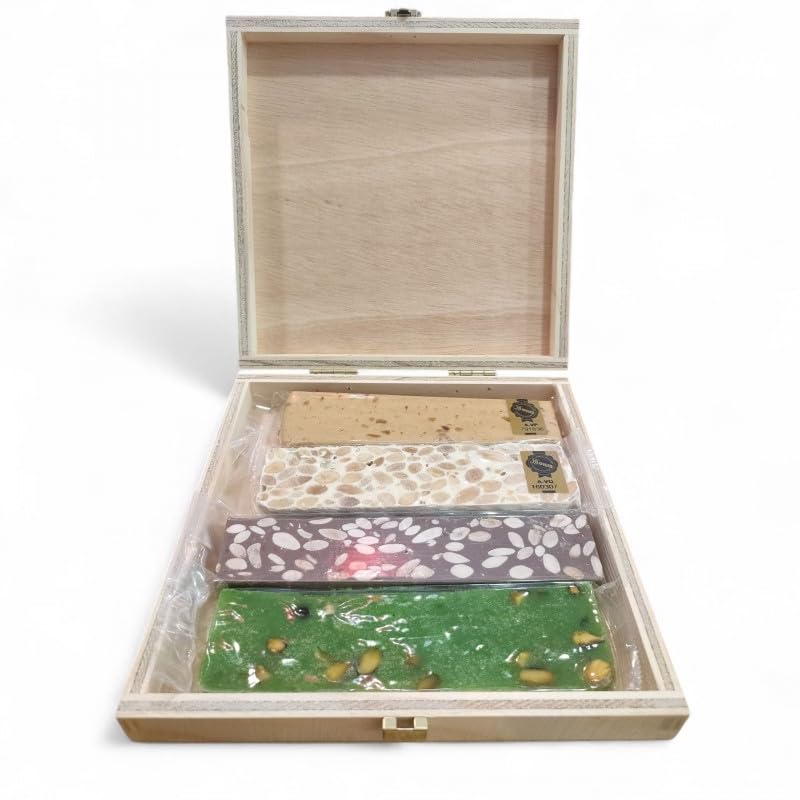 Turrones Fabián Surtido de Miniturrones Premium en Caja de Madera, 4 Variedades Artesanales, Turrón Blando, Duro, Chocolate con Almendras y Pistacho, 400g Total