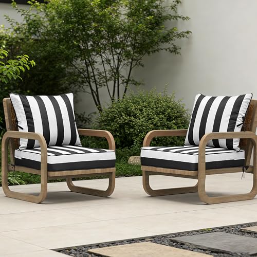 Image of 24x24 Outdoor Chair Cushions 2 Set, Waterproof Deep Seat Cushions for Patio Furniture with Removable Cover, Fade Resistant 4'' Outdoor Seat Cushion w / Ties Handle for Sofa Couch,Black White Stripes