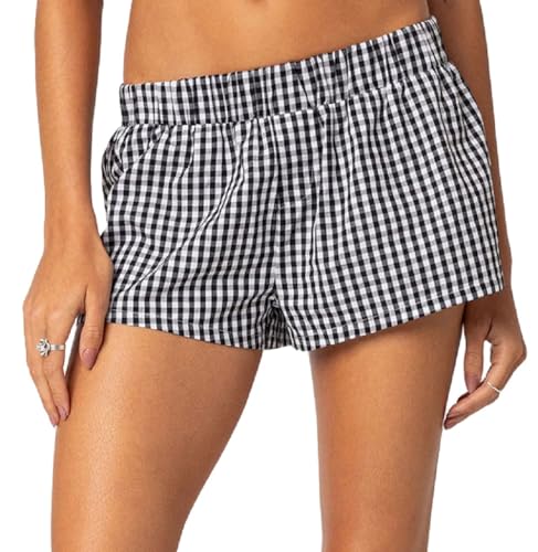 Image of Y2k Plaid Shorts Cute Baggy Ginghem Boxer Shorts for Women Checked Lounge Pajama Bottom Preppy Sleep Pj Shorts