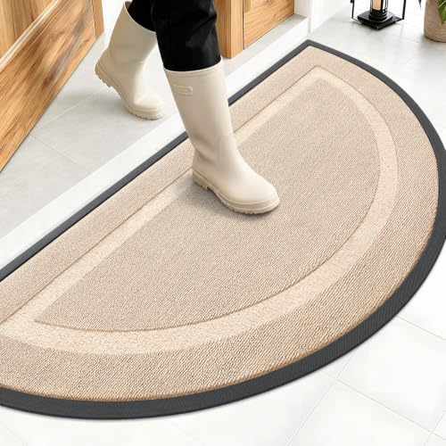 Image of OLANLY Half Circle Door Mat Indoor Outdoor Entrance Welcome, Waterproof All-Season, All-Weather Doormat, Sturdy Natural Rubber, Low Profile, Easy Clean Patio Porch Entryway Mat, 47x23, Off-White