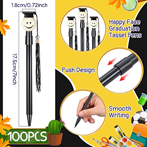 100 Bulk Graduation Cap Ballpoint Pen With Tassels Happy Face Round Shaped Rollerball Pen 0.7 Mm Black Gel Ink Lovely Present For Graduation Party Favor Student, School Office Home Supplies (Black) #TOP1