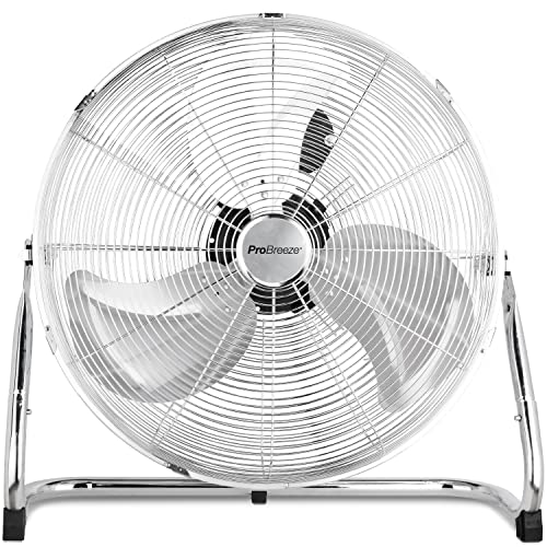 Pro Breeze Wentylator Chłodzący Podłogowy, Duży Wiatrak Przemysłowy, Średnica 50 cm, Mocny Potężny, 120W, Chromowany Okrągły Wytrzymały, 3 Łopatki, do Garażu Warsztatu Sklepu Stodoły Siłowni