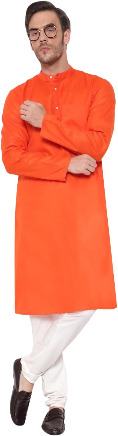 Latest ChikanMen's Cotton Blend Solid Long Kurta Full Sleeves - Casual Ethnic Wear