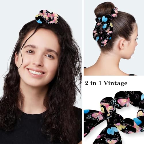 Image of Colored Butterflies Scrub Caps Women Ponytail, Adjustable Bouffant Surgical Caps with Button, Nurse Hats Long Hair