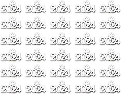 Ruwado 50 Pcs 2024 Charms Silver Year Signet Bulk Antique Number Pendants for Jewelry Making Finding Craft Accessories Necklace Bracelets Keychain DIY Project Christmas Décor (2024, Silver)