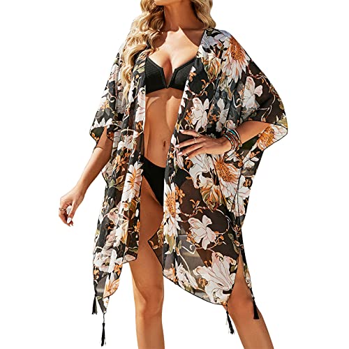 YloveM Playa Traje de baño Capas Mujer Cover Ups Gasa Estampado Floral Kimono Suelto Chal Cárdigan Boho Playa Verano Vestido de baño de Bikini Chaqueta (Negro)