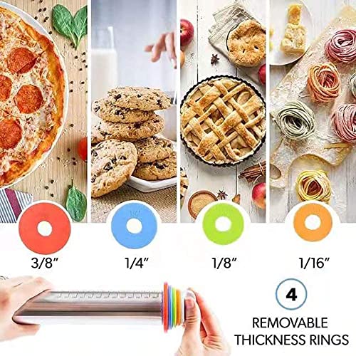 Image of DARKKI Adjustable Rolling Pin with 4 Thickness Rings, Stainless Steel Dough Roller