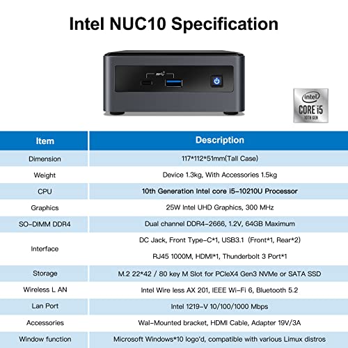 Intel Nuc 10,10Th Generation Intel Core I5-10210U Processor, Ultra-Compact Mini Pc 16Gb Ddr4 Ram & 512Gb Ssd-Versatile Desktop Computer With Wifi6.0, Bluetooth5.0, 4K Support, Sd Card & Win11 Pro #TOP4