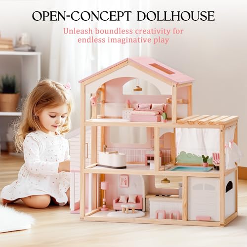 ROBOTIME Wooden Dollhouse, Doll House with 29 Pieces Furniture Set - Pool and Elevator, Wooden Doll House for 4, 5, 6-Inch Dolls, 6 Rooms Pink Dollhouse Gift for Kids Girls Ages 3+ (Pink) by ROBOTIME - Image 6