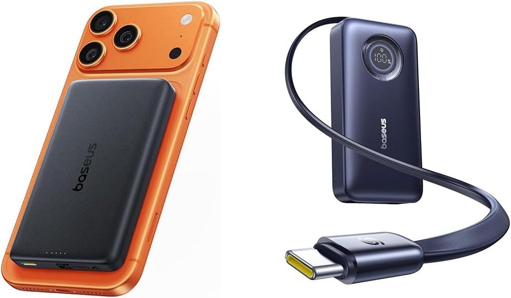 Baseus Qi2.2 25W Slim 10,000mAh Magnetic Portable Charger, Bundle 10000mAh Fast Charging Power Bank Built-in 45W Retractable USB-C Cable