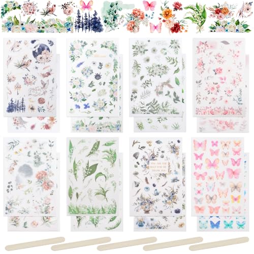 WANDIC Lot de 16 Feuilles d'autocollants à appliquer sur Le thème des Papillons et des Fleurs, décoration esthétique pour Scrapbooking, Journal, planificateur, Album