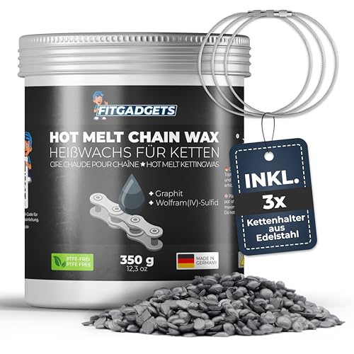 OH3 Fitgadgets Fahrradkettenwachs in Heißwachs-Dose zum Erhitzen - Inkl. 3x Kettenhalter - 350g Hot Melt Chain Wax mit Graphit & Wolfram-Sulfid - Wachs-Schmiermittel für Rennrad MTB & Gravelbikes