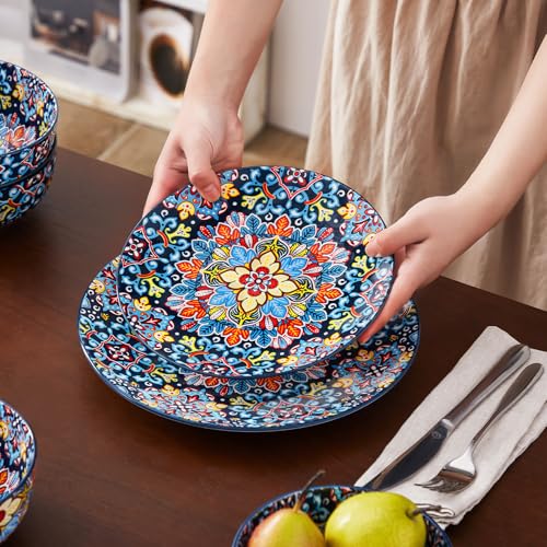 Image of vancasso 12 Pieces Dinnerware Sets, Red Plates and Bowls Set, Porcelain Dishes Set for 4, Microwave and Dishwasher Safe, Scratch Resistant, Bohemian Style Dining Ware Service for 4, Series SIMI