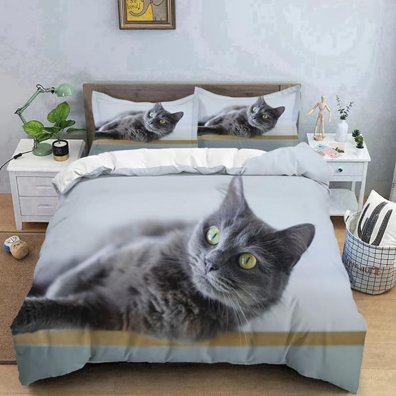 Housse de couette 240x260 chat gris avec 2 taies en microfibre pour lit 2 places