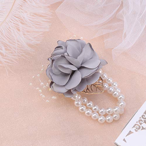 SUPVOX Light Grey Artificial Flower Wrist Corsage Pearl Bracelet for Bridesmaid Bride Wedding Prom Party Formal Events 2.75X2.75X4.72 Inch Elegant Bridal Wrist Flowers - Image 3