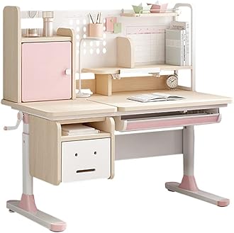 FCD Wooden Adjustable Height Ergonomic Kids Study Desk Drafting Table Computer Station Built-in Bookshelf Hatch Multifunction Desktop 43.3 Inch Wide