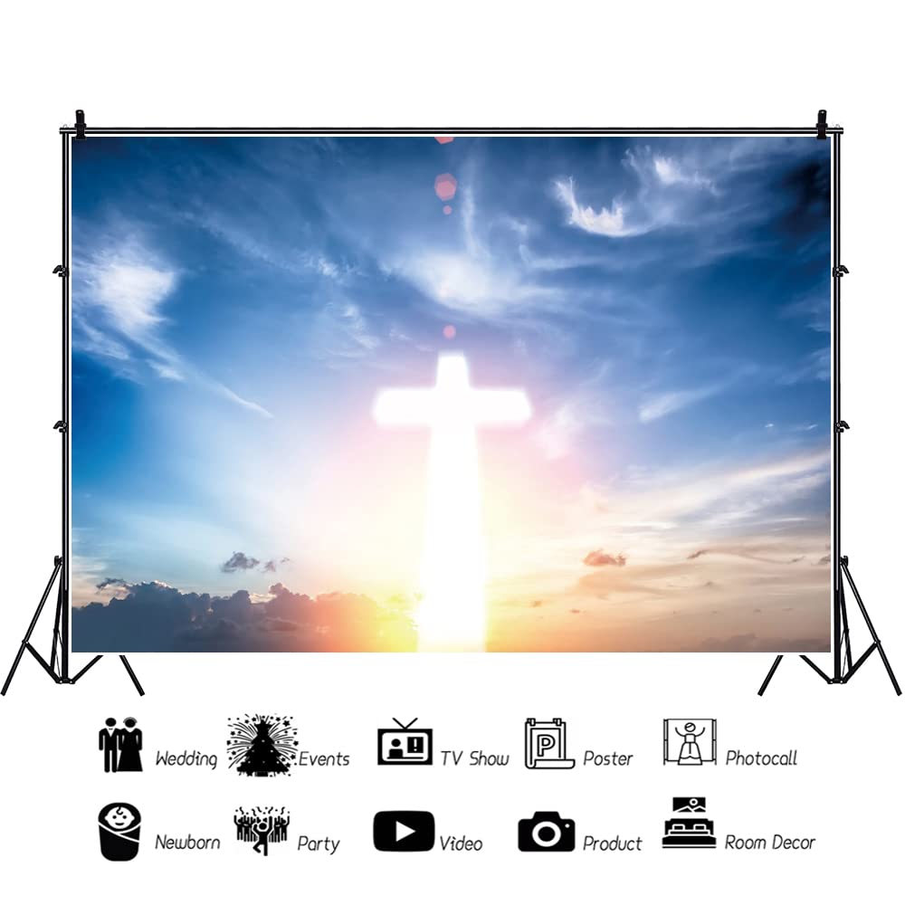 SDOTPMT 10x7ft Jesus Christ Cross Polyester Backdrop Holy Light Jesus Nativity Photography Background First Holy Communion Cross Baptism Backgrounds For Spring Easter Party Decor Photo Booth Props