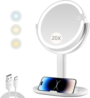 MIYADIVA 20X Magnifying Lighted Makeup Mirror, Dual-Sided 1X/20X Vanity Mirror with 80 LEDs, 3 Color Lights, Rechargeable Battery, 8.8 Inch