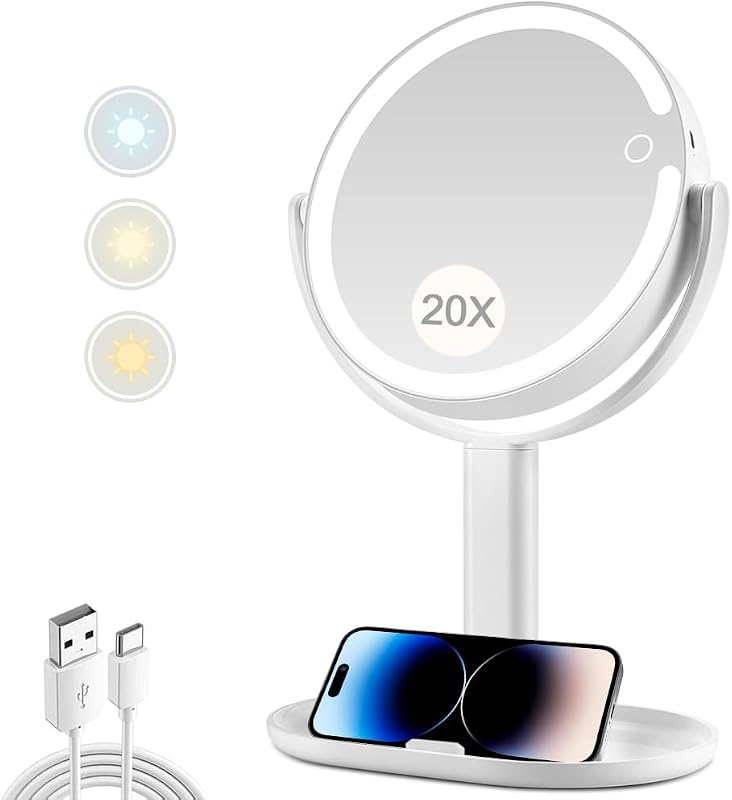Espelho para maquiagem MIYADIVA com iluminação, ampliação 20x, 3 cores de luz, 80 LEDs e cabo Type-C
