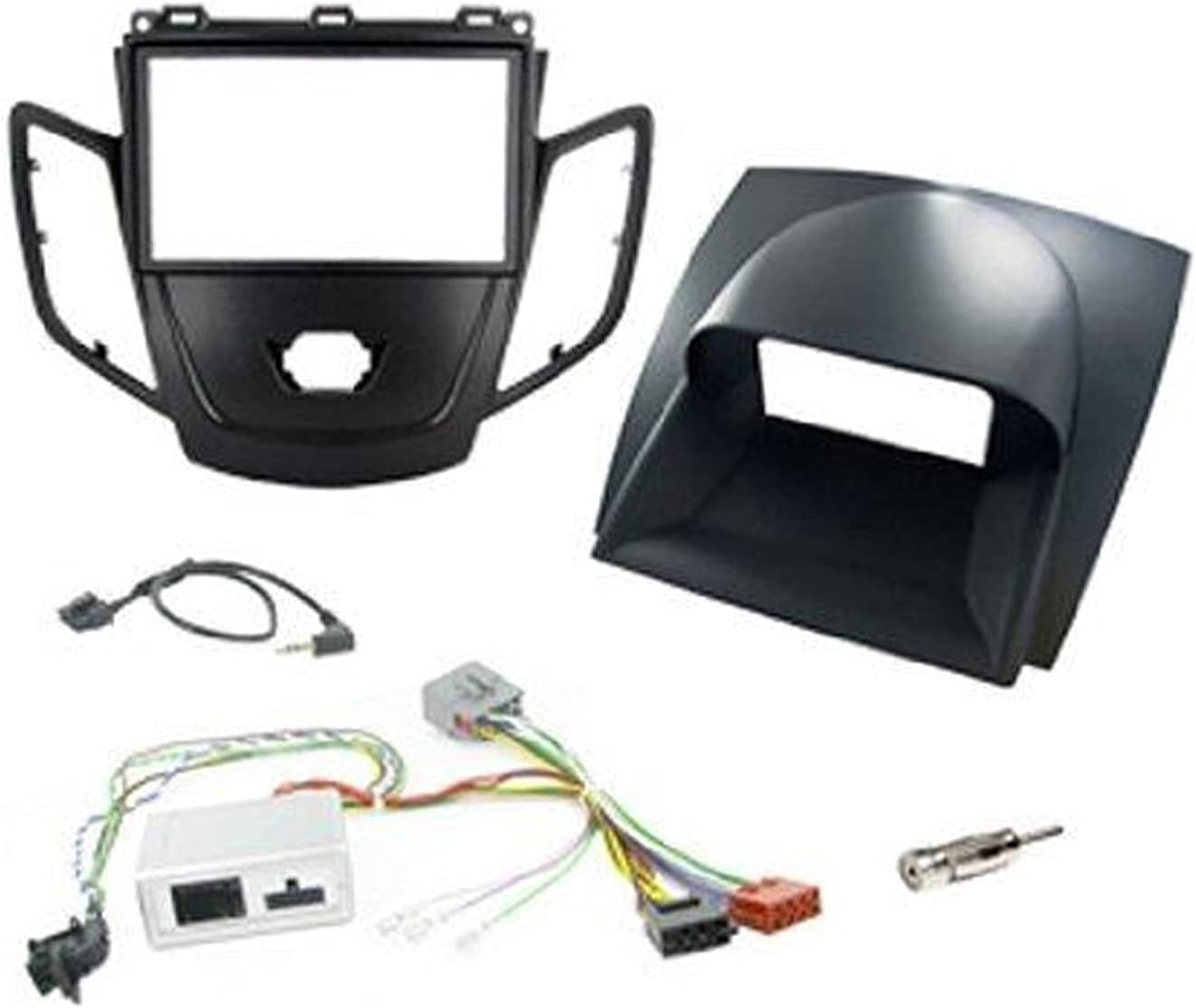T1-Audio T1-CTKFD07 Ford Fiesta >2010 Complete Car Stereo Double Din Facia Fitting Kit, CT23FD25, CTSFO004, Black Double Din Facia Panel and Steering Stalk Lead, Vehicles with 14 Pin ISO (volvo Style) Plugs ONLY, With Grey Display Cover