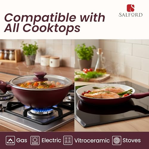 Image of SALFORD Forged Ceramic Set of 3+1 (Kadai 240mm + Frypan 240mm + Tava 260mm + Glass Lid) with Tubular SS Handle I Induction Base & Gas Ready I 2 Year Warranty (Wine & Vanilla)