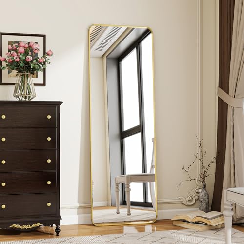 Koonmi Standspiegel mit abgerundeten Ecken, 40 x 150 cm Ganzkörperspiegel mit Ständer, großer Fußboden Standspiegel Ganzkörperspiegel Wand Hänger für Schlafzimmer, Wohnzimmer, Gold