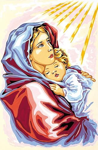 Generico Mezzopunto mezzo punto stampato a colori completo di matassinne Madonna 22 x 33 disegno ricamabile