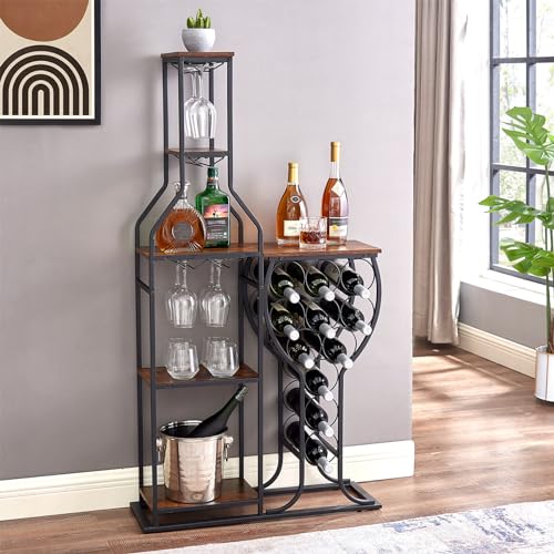 BESTTOONE 5 Tier Wine Rack Freestanding Floor, 11 Bottle Wine Bakers Rack with Hanging Wine Glass Holder and Storage Shelves, Wine Holder Home Bar for Liquor and Wine Storage for Kitchen, Dining Room