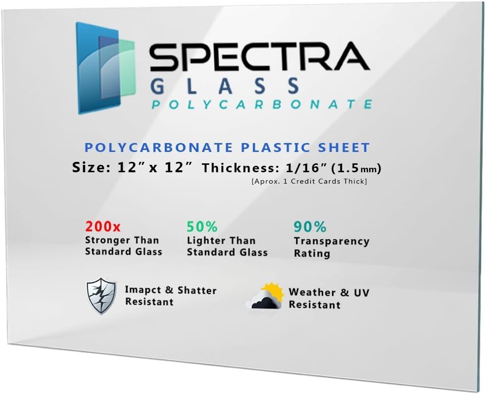 Spectra Glass Clear Polycarbonate Plastic Sheet. Stronger Than Plexiglass Sheets. UV, Impact, Weather Resistant. Sizes Nominal Cut Within +-1/8". Made in USA. 12" x 12" (1/16" Thick)