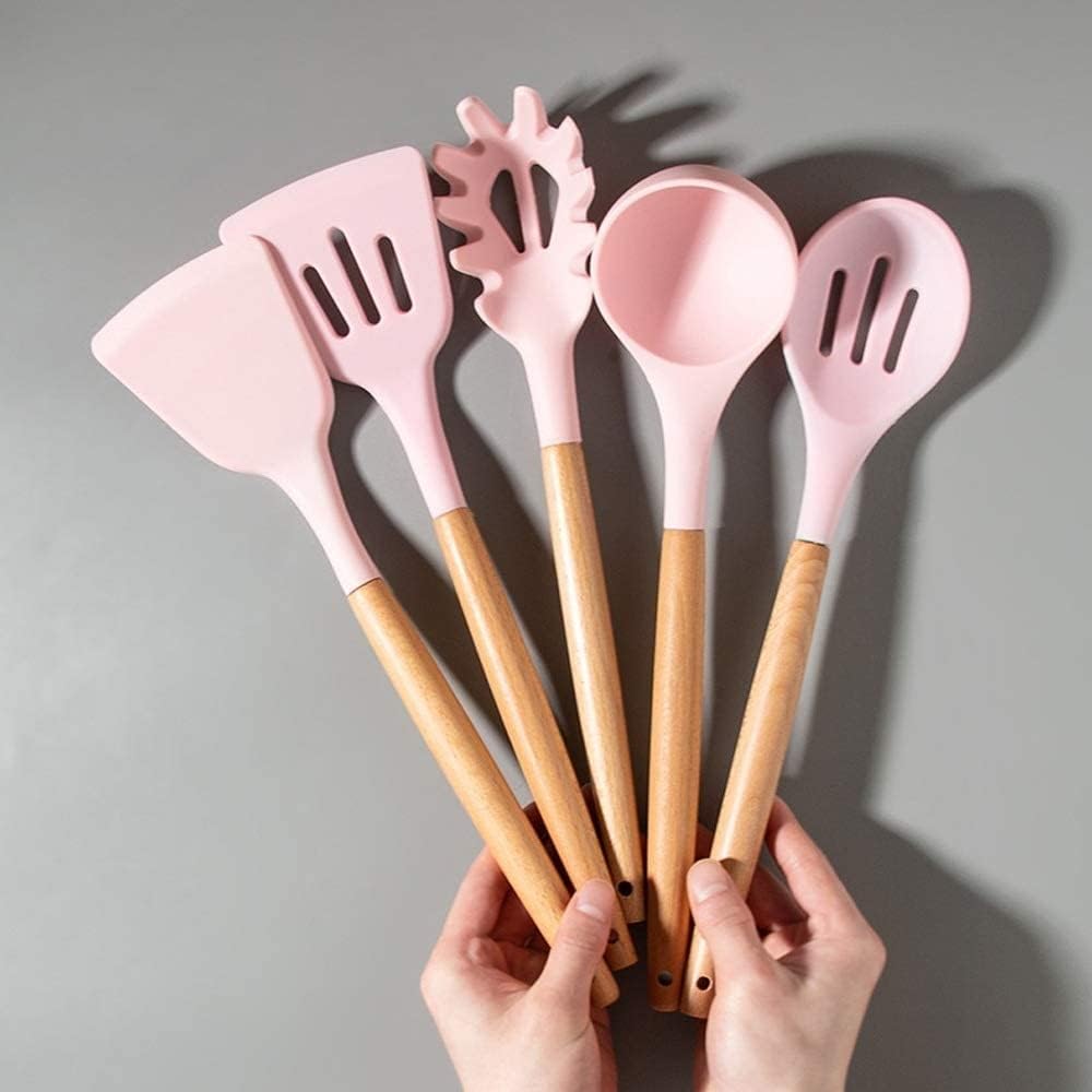 9 Pcs Silicone Cooking Kitchen Utensils Set with Holder, Wooden Handles Silicone Turner Tongs Spatula Spoon Kitchen Gadgets Utensil Set for Nonstick Cookware