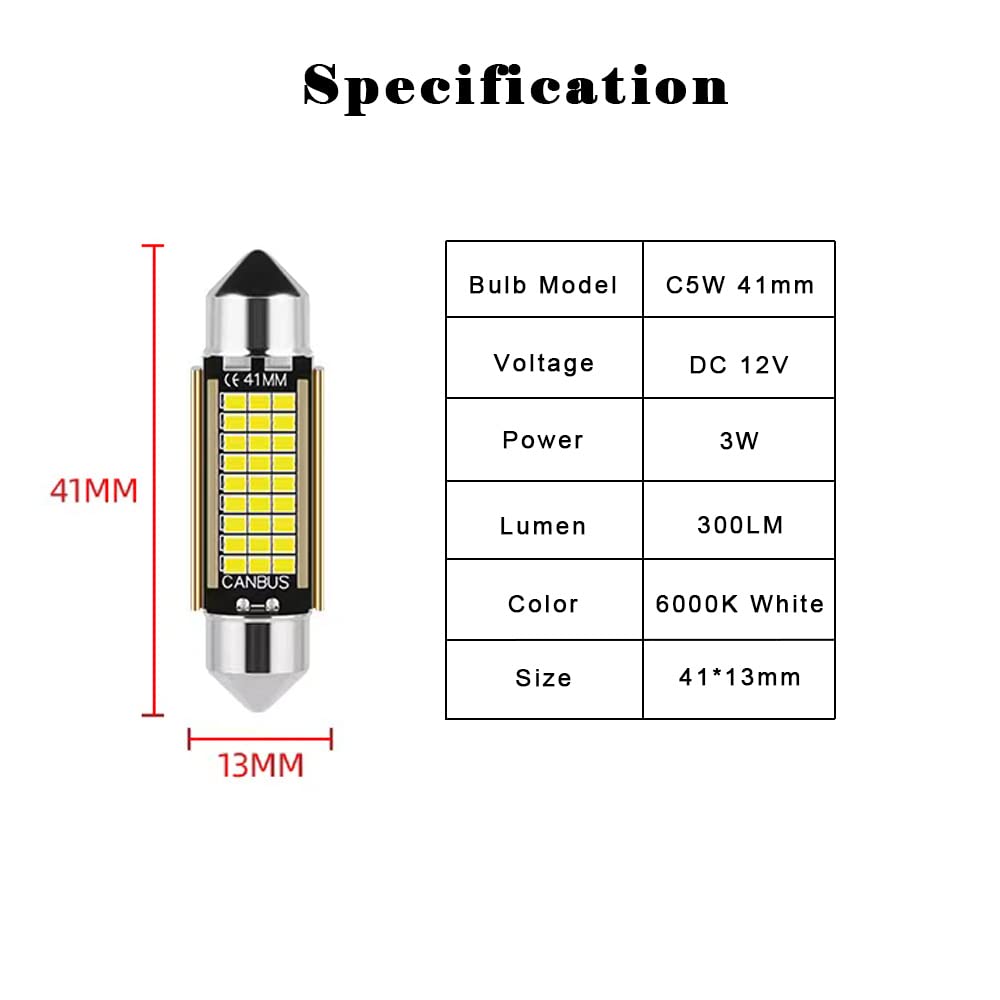 4 pezzi Lampadine C5W LED Festone 41mm 42mm Canbus 12V 6000K Bianco Super Luminoso per Luci Interne Auto e Luci Targa Senza Errori Canbus Senza Polarità