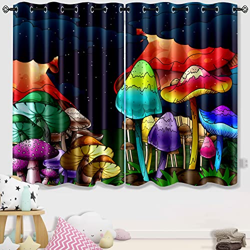 Jiospet Mushrooms Window Curtains Cartoon Mushroom Curtain Giant Mushrooms Curtain Fantasy Plants Blackout Drapes for Boy Girl Natural Wild Plants for Bedroom Decor, 2 Panels, 82''×63''