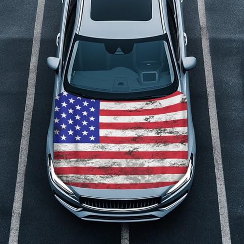 Image of 4th of July American Flag Car Hood Cover Polyester Elastic Fabrics Washable Suitable for Large SUV and Pickup Trucks 39x59in