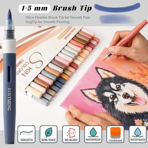 Image of ROSYMENG Skin Tone Art Markers: 36 Colors Acrylic Paint Pen Set with Soft Brush Tip, Straight Liquid Quick-Dry Design, Drawing Supplies for Adult Coloring Books, Rock, Wood, Glass, Fabric