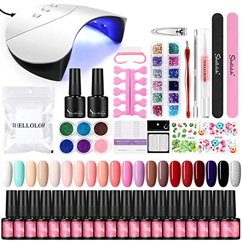 Shelloloh UV Nagellack Starterset, Nail Polish Kit mit 15 Farben Gel, Top&Base Coat Set mit 36W UV/LED Lampe, 7ml…