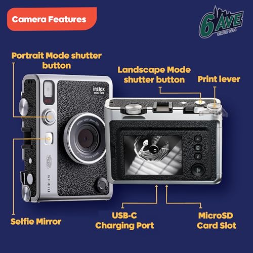 Image of Fujifilm Instax Mini EVO Hybrid Instant Camera (Black) Bundle with Instax-Mini Twin Pack Instant-Film 20 Sheets + 32GB Memory Card + Vintage Black Mini-Evo Camera Case + Cleaning Cloth