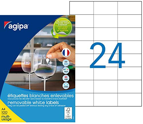 Agipa 101165 Étiquettes A4 Amovibles 70x37mm pour Imprimante Laser et Jet d'Encre