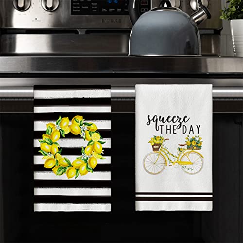 Artoid Mode Watercolor Stripes Bicycle Lemons Kitchen Dish Towels, 18 X 26 Inch Seasonal Spring Summer Hello Sunshine Ultra Absorbent Drying Cloth Tea Towels For Cooking Baking Set Of 4 #TOP6