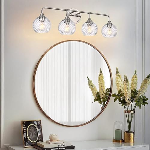 Image of MELUCEE Bathroom Vanity Light Brushed Nickel 4 Lights with Clear Striped Swirl Glass Shade, 33 inch Vanity Lighting Fixtures Over Mirror Modern Bathroom Wall Lights for Powder Room Kitchen Foyer