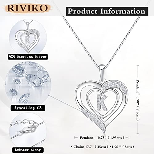Riviko Heart Initial Necklace For Women, 925 Sterling Silver Dainty Letter K Pendant Necklaces, Personalized Initial Charm Alphabet Jewelry Valentines Christmas Anniversary Mother's Day Birthday Gifts For Women Girls Her Mom Wife #TOP4