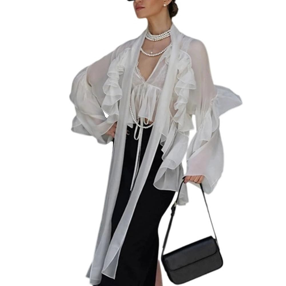 Blouse à col en V pour femmes Hauts à volants Garniture à manches longues Voir à travers Flowy Dressy Chemise de travail élégante