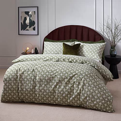 furn. Hoem Alexa Duvet Cover Set - Earthy Geometric Cotton Rich Easy Care Bedding (Olive - Super King) - Image 4
