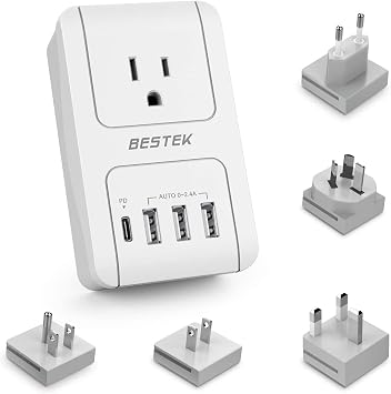 BESTEK Universal Travel Adapter, International Power Adapter with 1 Outlets 4 USB Charging Ports 1 USB C PD 35W, Plugs for EU, UK, US, China, AU, Japan - for Laptop, Phone, Camera