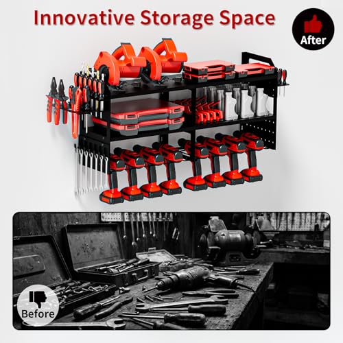 Toyear Mens Gifts, Large Power Tool Organizer Wall Mount, Drill Holder for Tool Storage, Tool Holder Storage Rack for Garage Organization, Heavy Duty Metal Tool Shelf Loads 500Lbs (Black) — view 6